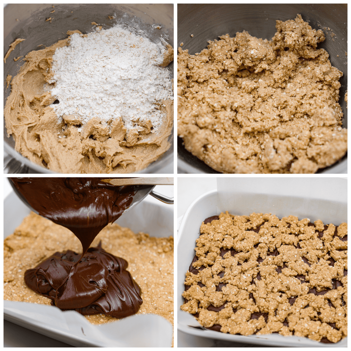 First photo of the dry ingredients added to the wet ingredients in a mixing bowl. Second photo of the mixed oatmeal cookie dough. Third photo of the fudge pouring on the cookie base. Fourth photo of the top layer of cookie dough scattered on the fudge.