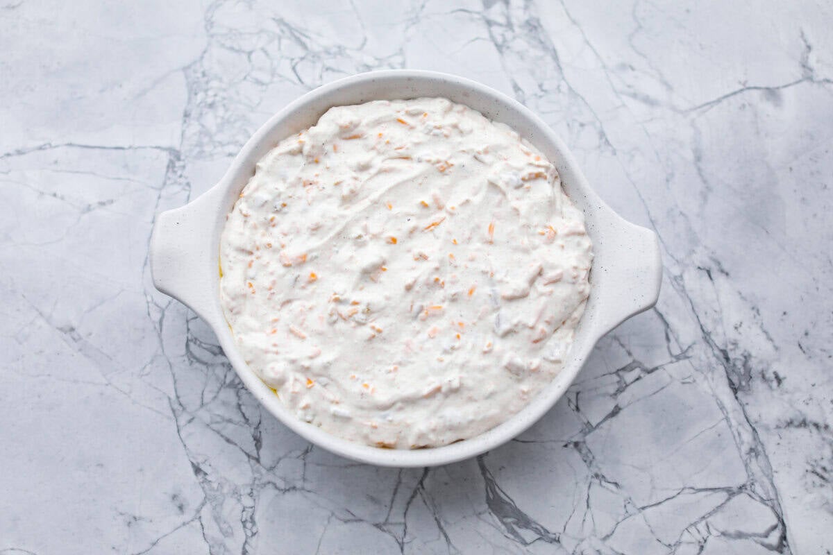 Dip ingredients mixed together and spread out in a baking dish.