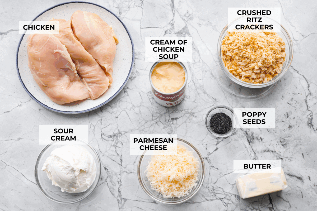 If you love my classic poppyseed chicken casserole, this crockpot poppyseed chicken is the easiest way to make it. Same creamy, buttery flavor. Same cozy comfort. Overhead shot of labeled crockpot poppyseed chicken ingredients.
