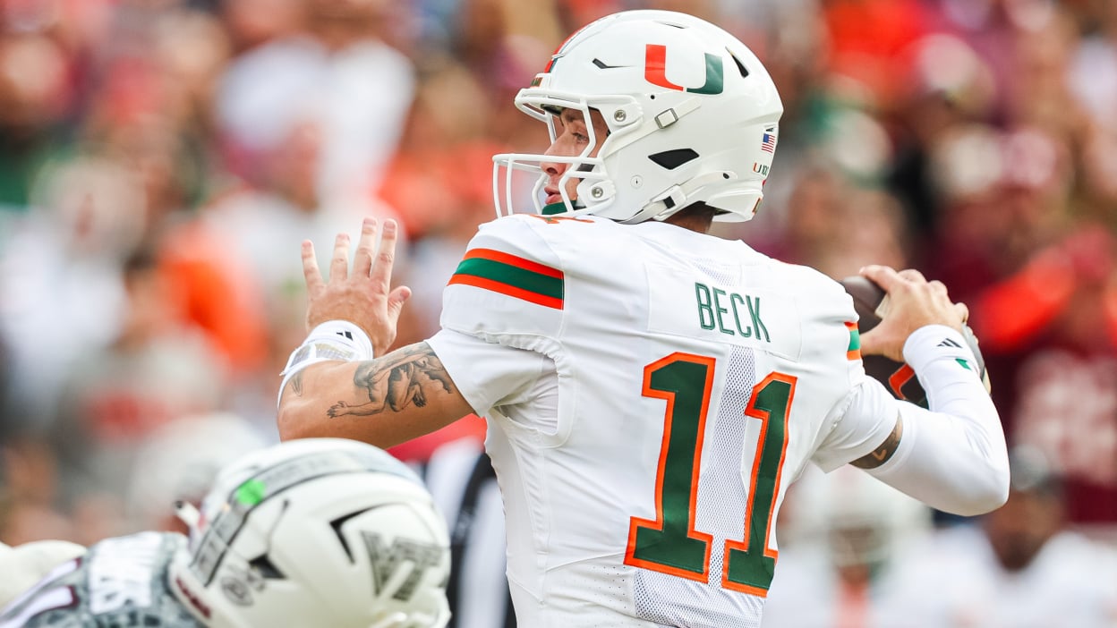 Carson Beck of the Miami Hurricanes throws a pass