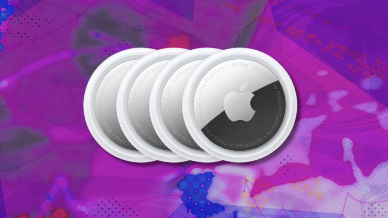 four apple airtags in a row on a purple and blue background