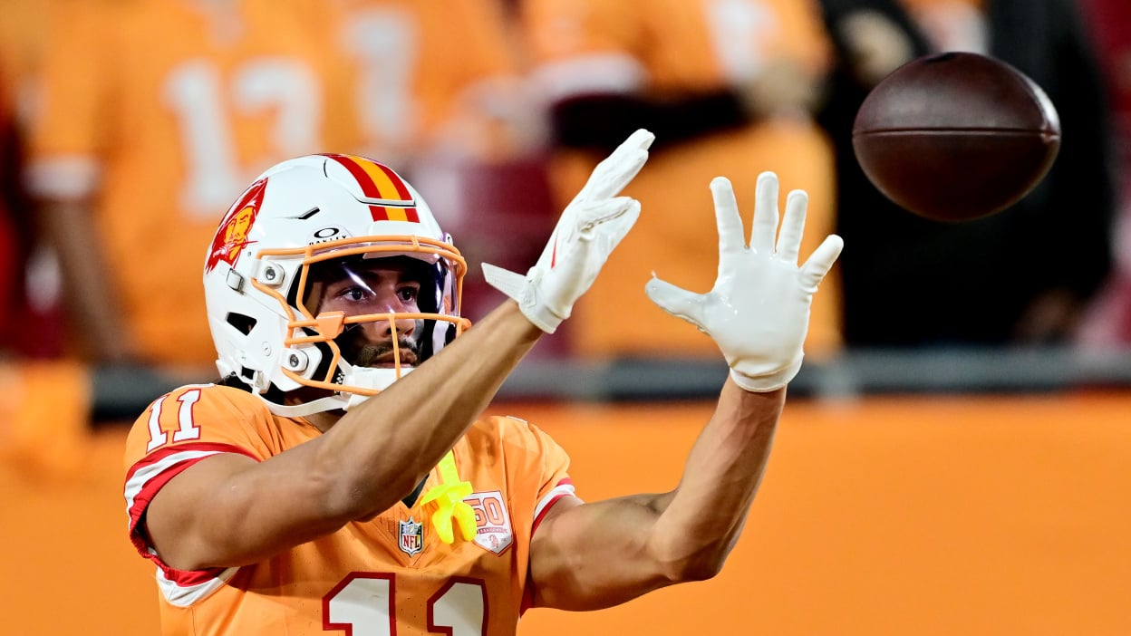 Jalen McMillan of the Tampa Bay Buccaneers catches the ball