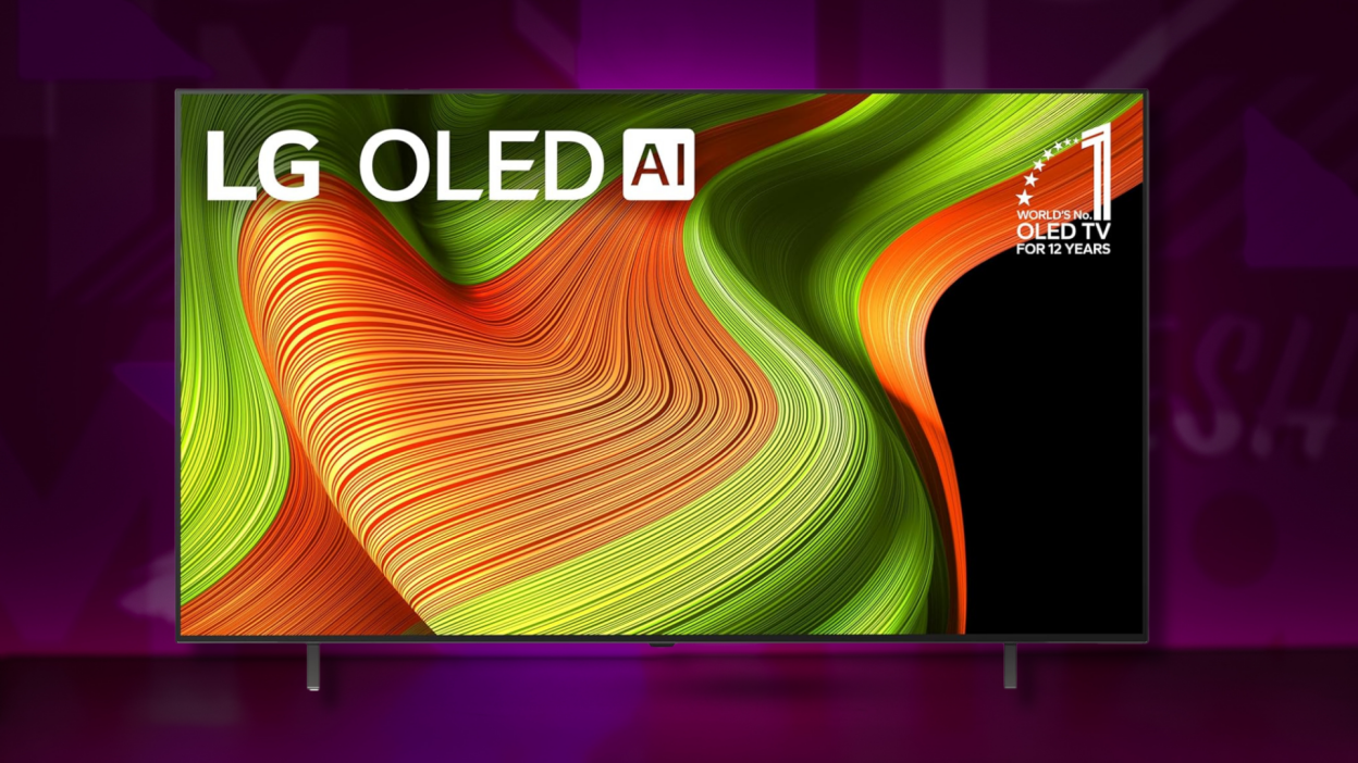 An LG TV on a colorful background