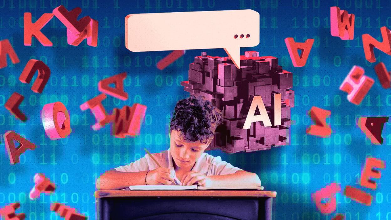 A boy sits at a desk writing on paper. Letters float behind his head.