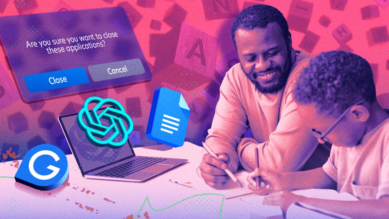 Parent at desk with child who is writing. Superimposed are tech logos for products that can help kids spell.