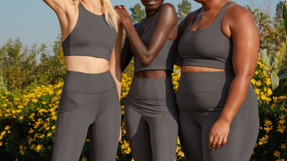 Three people wearing gray athleisure sets
