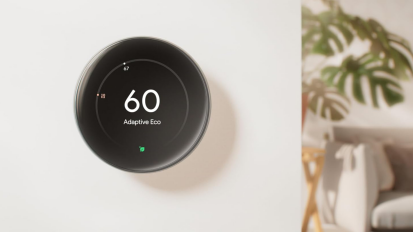 Nest thermostat on the wall with plant and couch in background