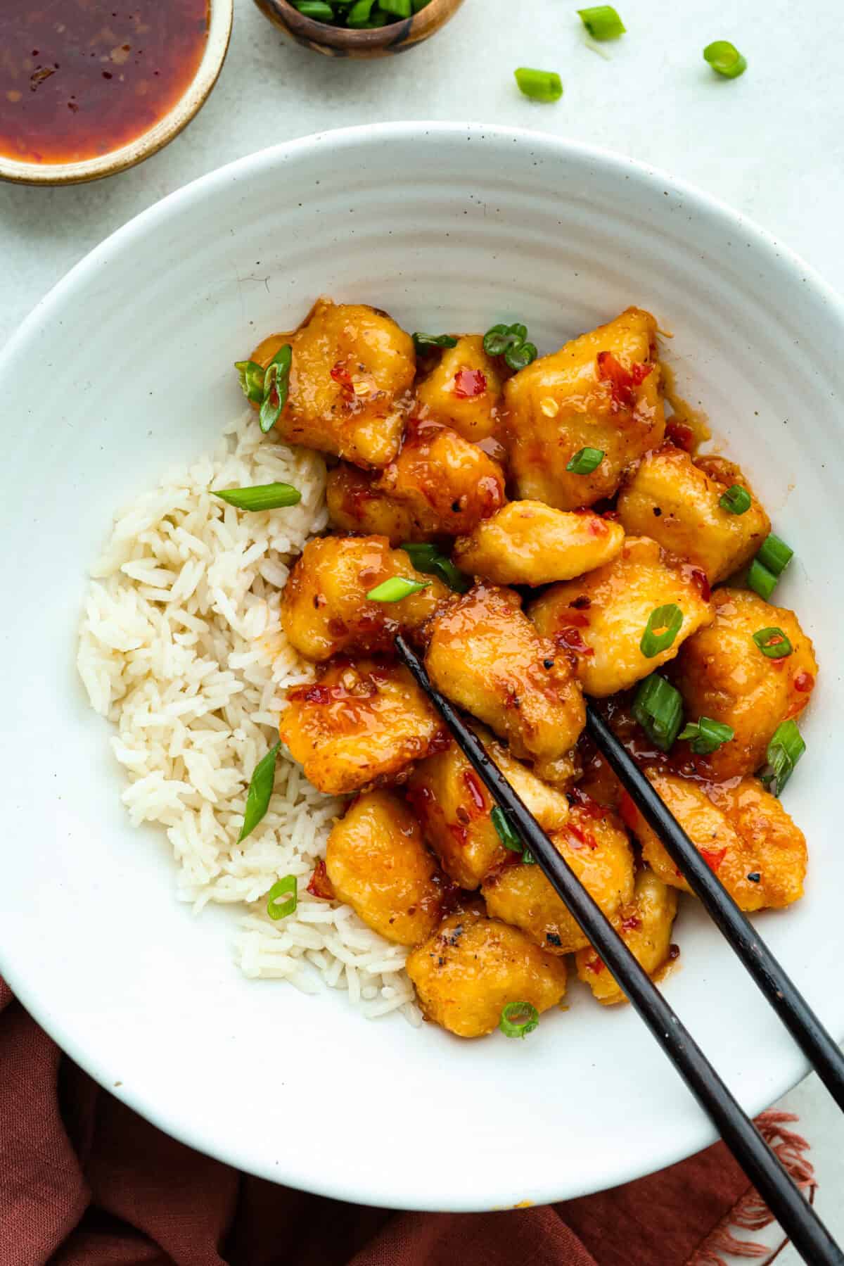 Bowl of a serving of sweet chili chicken.