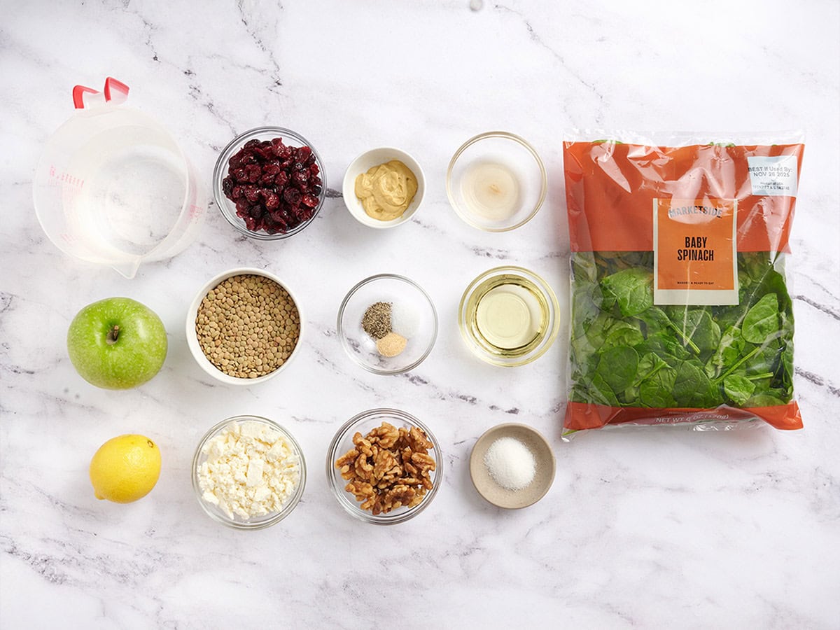 The ingredients to make lentil and cranberry salad.