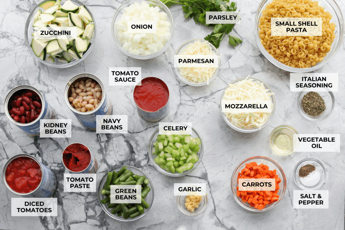 Overhead shot of labeled minestrone casserole ingredients.