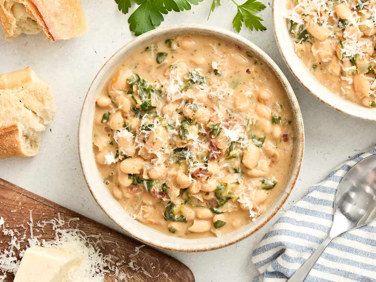 Overhead view of a bowl of marry me white beans.