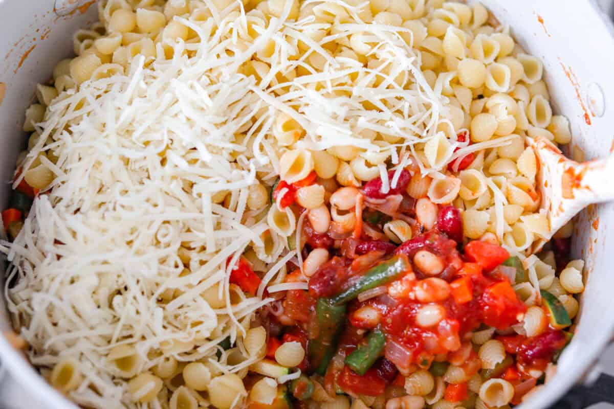 Cheese and noodles added to the veggie mixture.