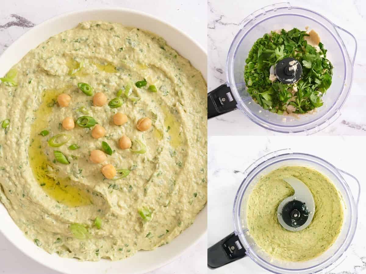 A collage of scallion parsley hummus process photos.