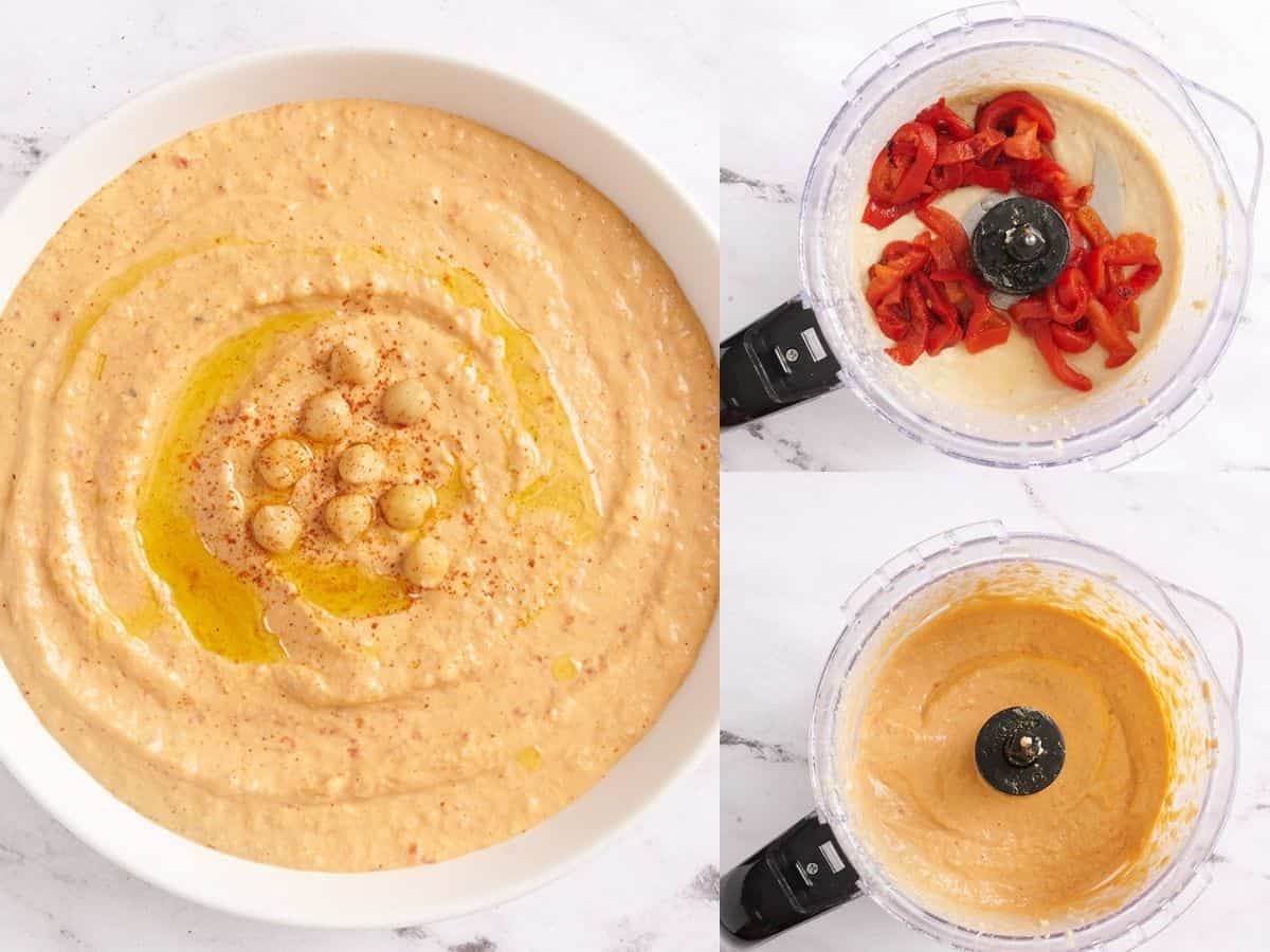 A collage of roasted red pepper hummus process photos.
