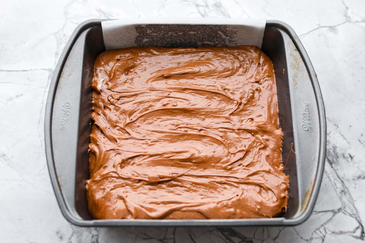 Filling added to the prepared pan ready to go in the freezer.
