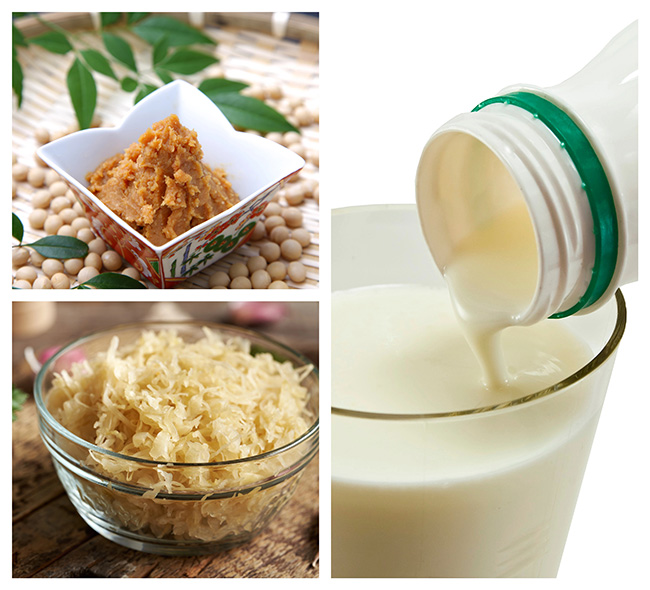 Clockwise from top left, miso, kefir being poured into a glass, and sauerkraut in a bowl.