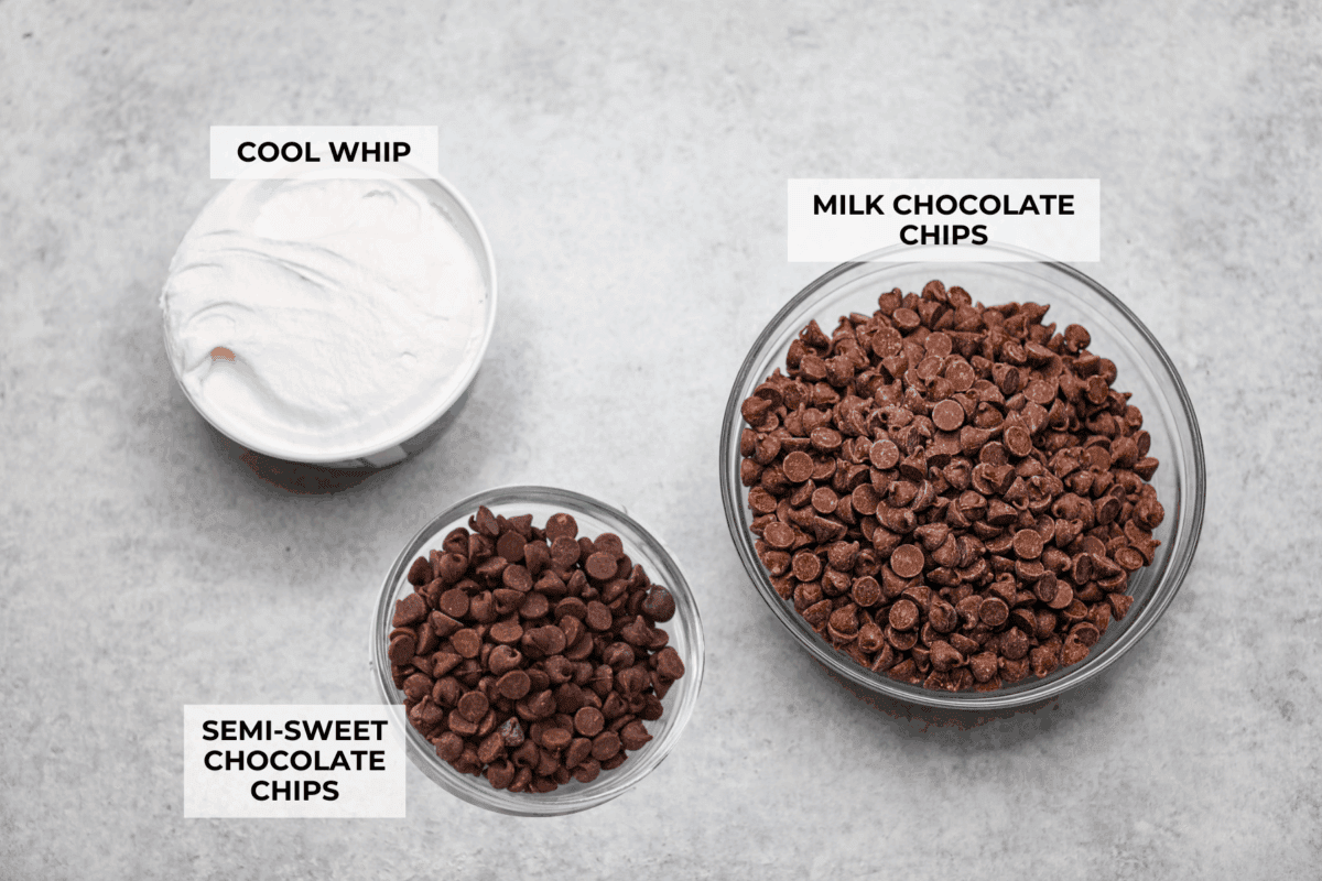 Overhead shot of labeled cool whip candy ingredients.