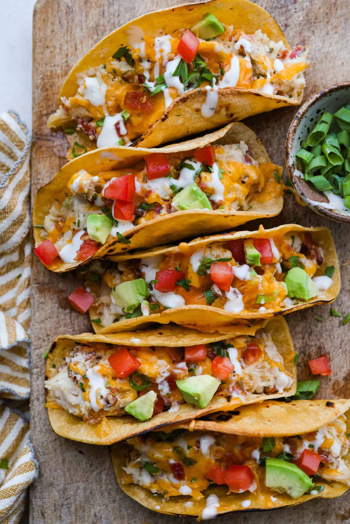 Overhead shot of crack chicken tacos ready to be eaten!