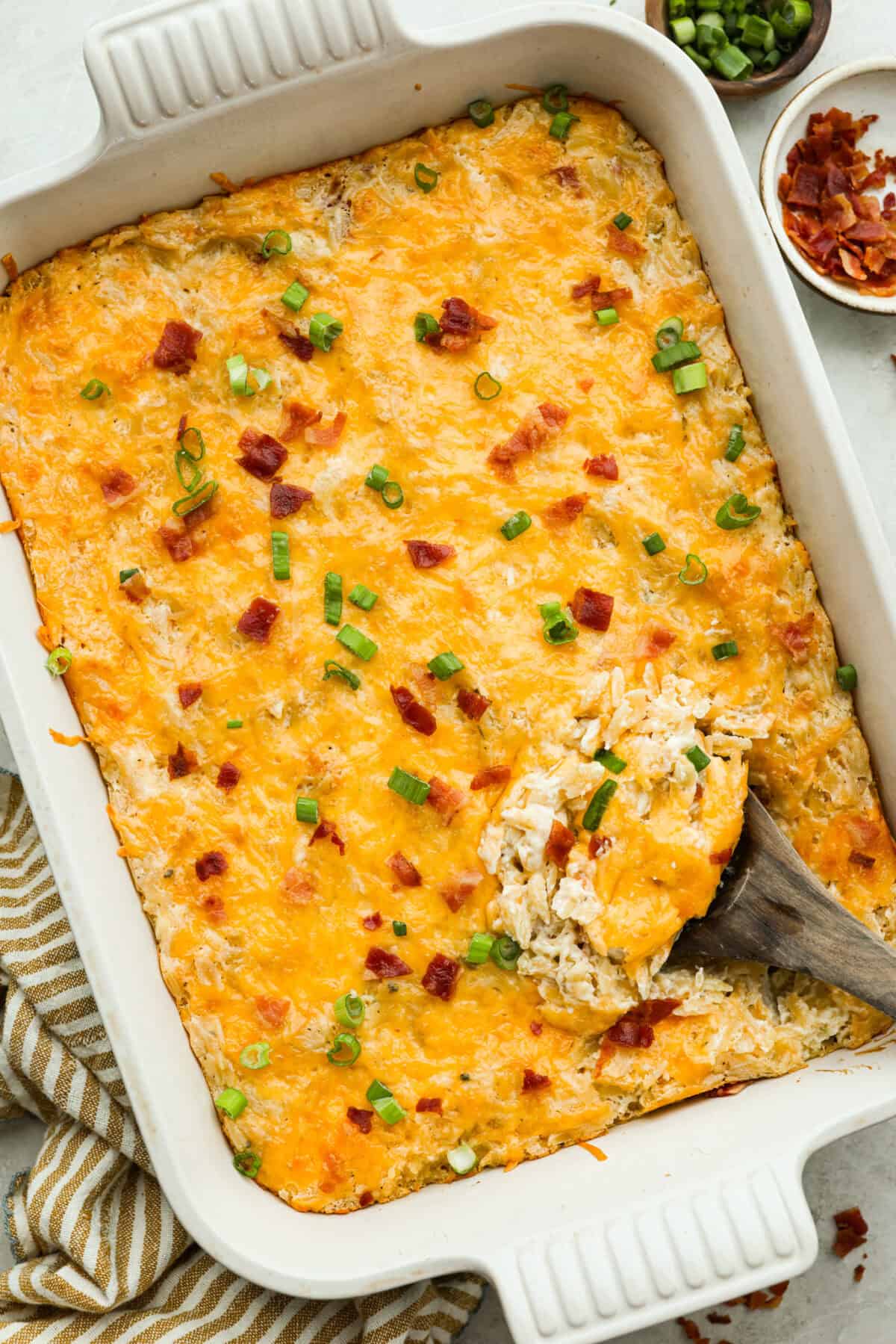 Top down shot of the completed crack chicken orzo bake ready to serve.