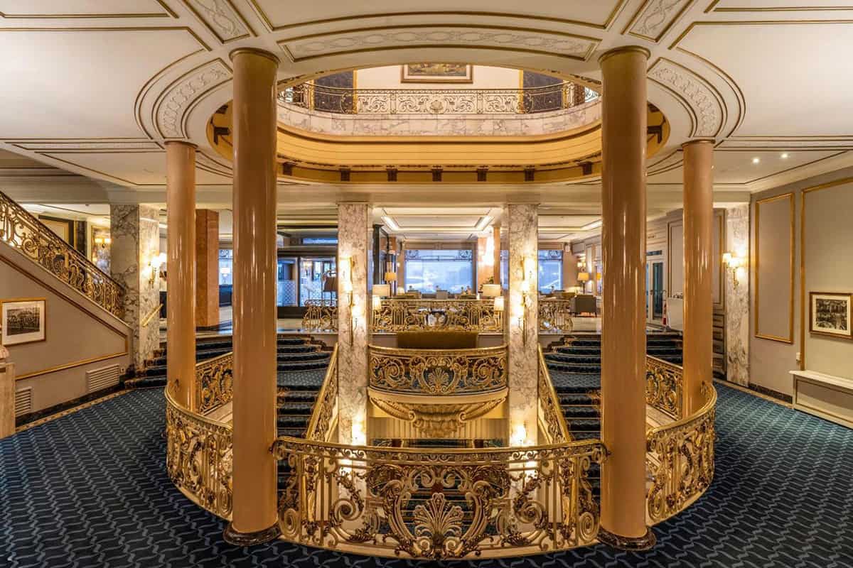 opulent staircase at el avenida palace hotel in barcelona