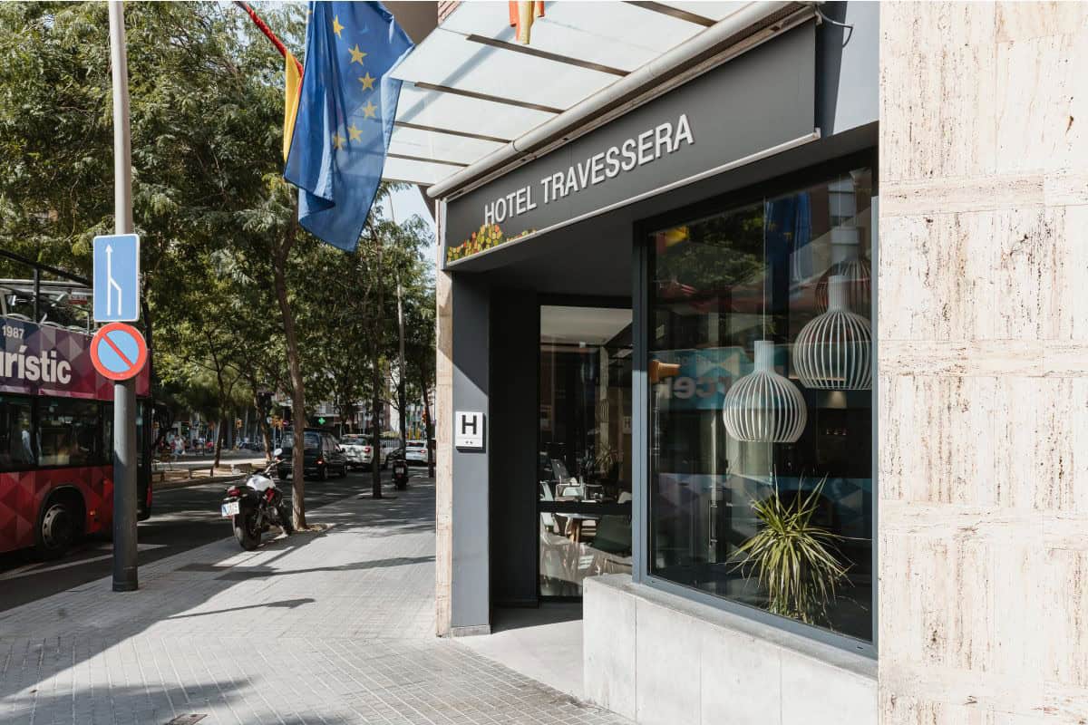 front entrance to hotel traverssera in barcelona, spain