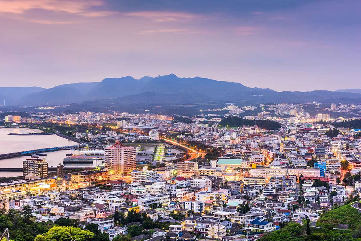 nago city on the main okinawa island at sunset