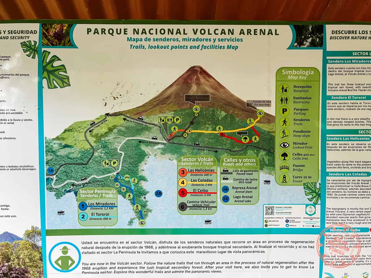 parque nacional volcan arenal trail map detail