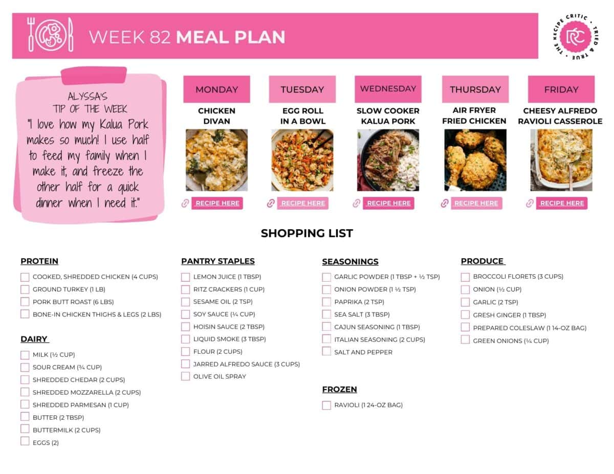 Wondering what to make for dinner this week? I’ve got you covered! This weekly menu plan is packed with easy, family-friendly dinners that make busy nights feel a little more manageable and give everyone something to look forward to. Image of the free shopping list for this weekly menu plan.