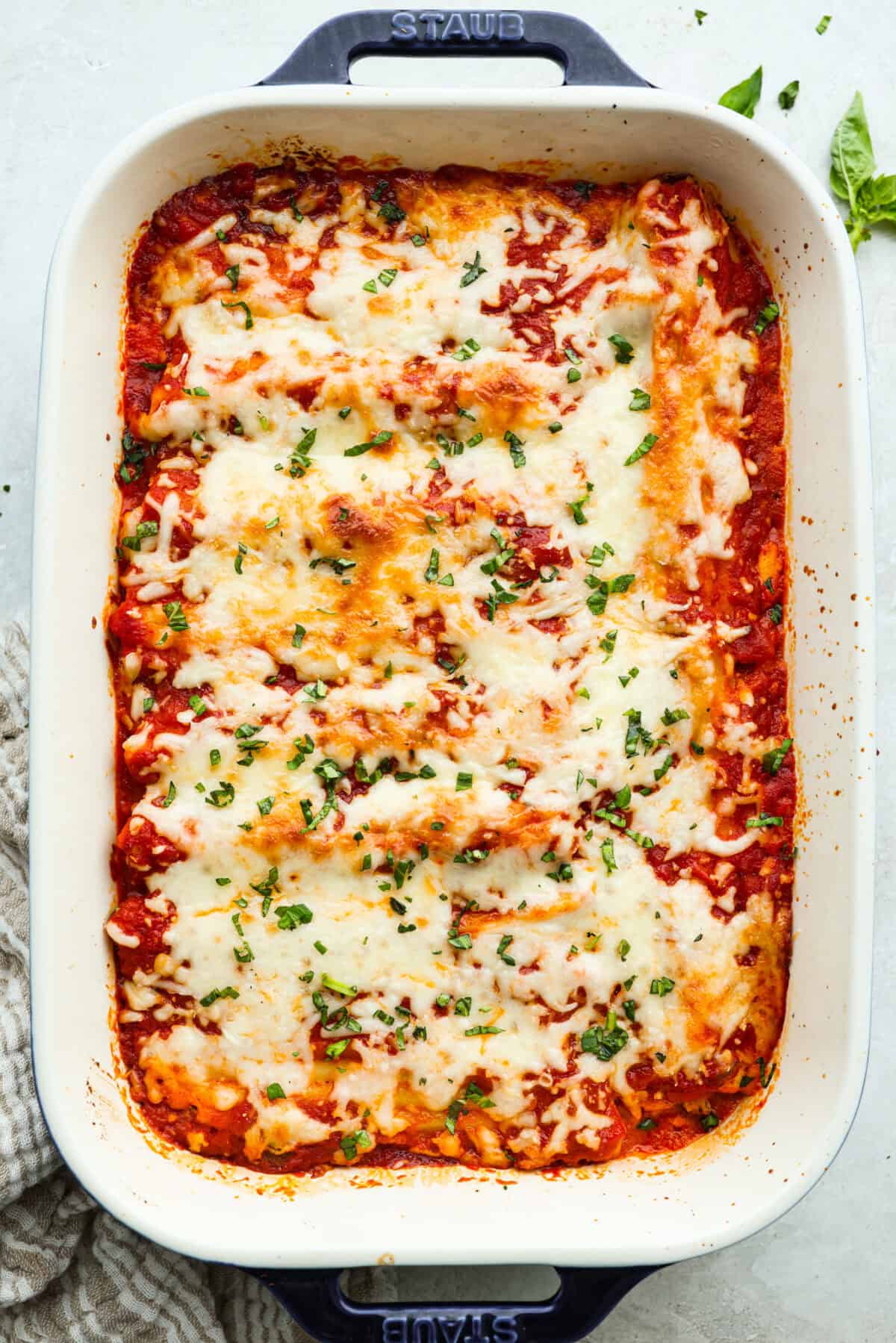 Overhead shot of the baked sausage manicotti.
