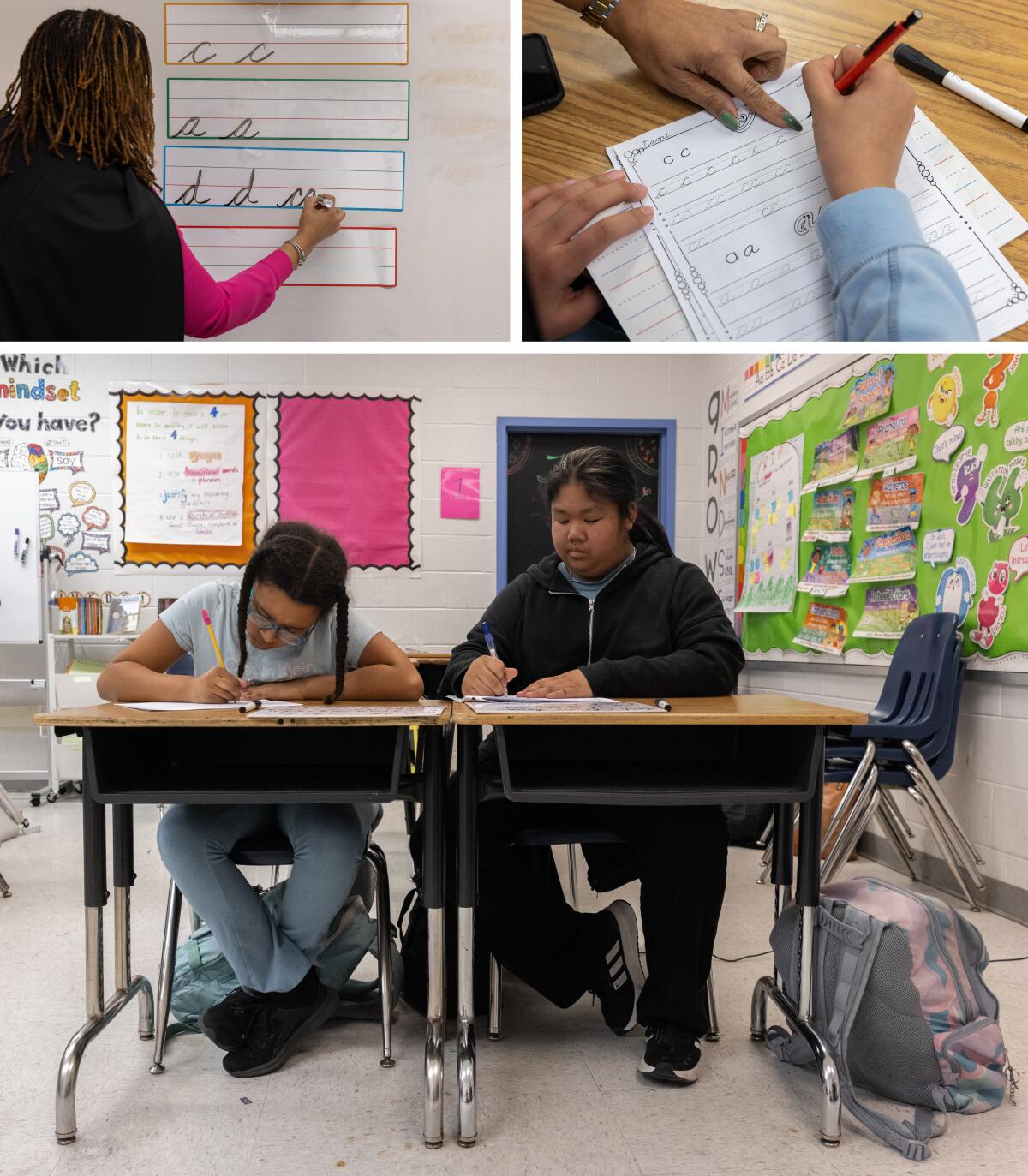 Top left: Kenerson demonstrates writing cursive letters on the whiteboard. Right: Kenerson helps a student with their worksheet. Bottom: Sandi Chandee (right) and Halle O'Brien practice their writing during cursive club.