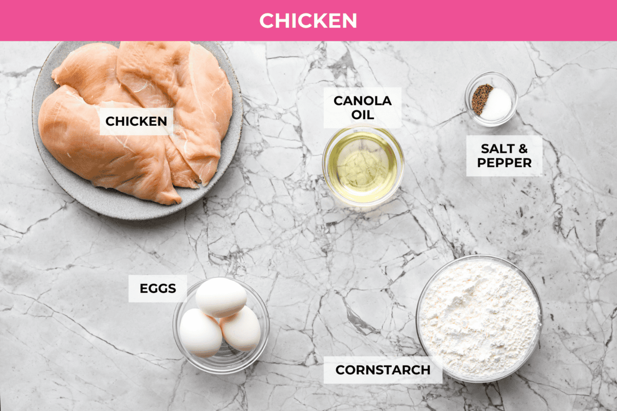 Overhead shot of labeled baked sweet Hawaiian chicken ingredients.