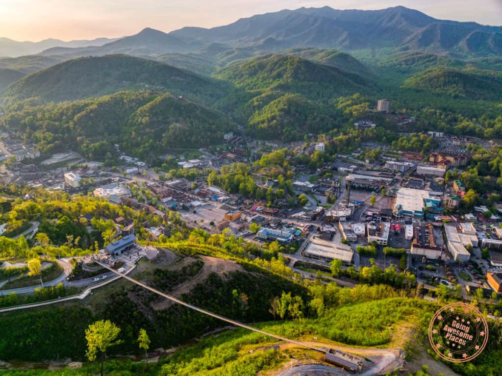 aerial view of gatlinburg with the town skybridge and anakeesta