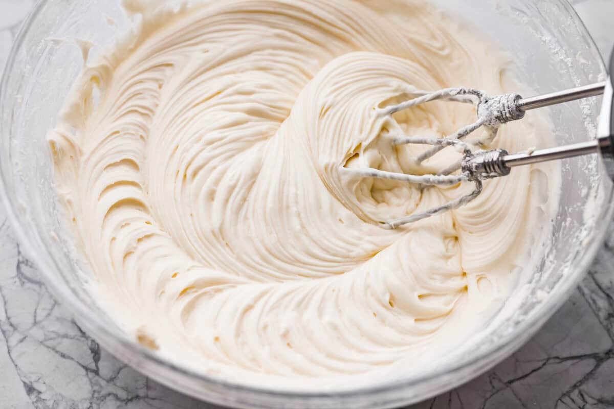 Cream cheese frosting all mixed together ready to go on the cake.
