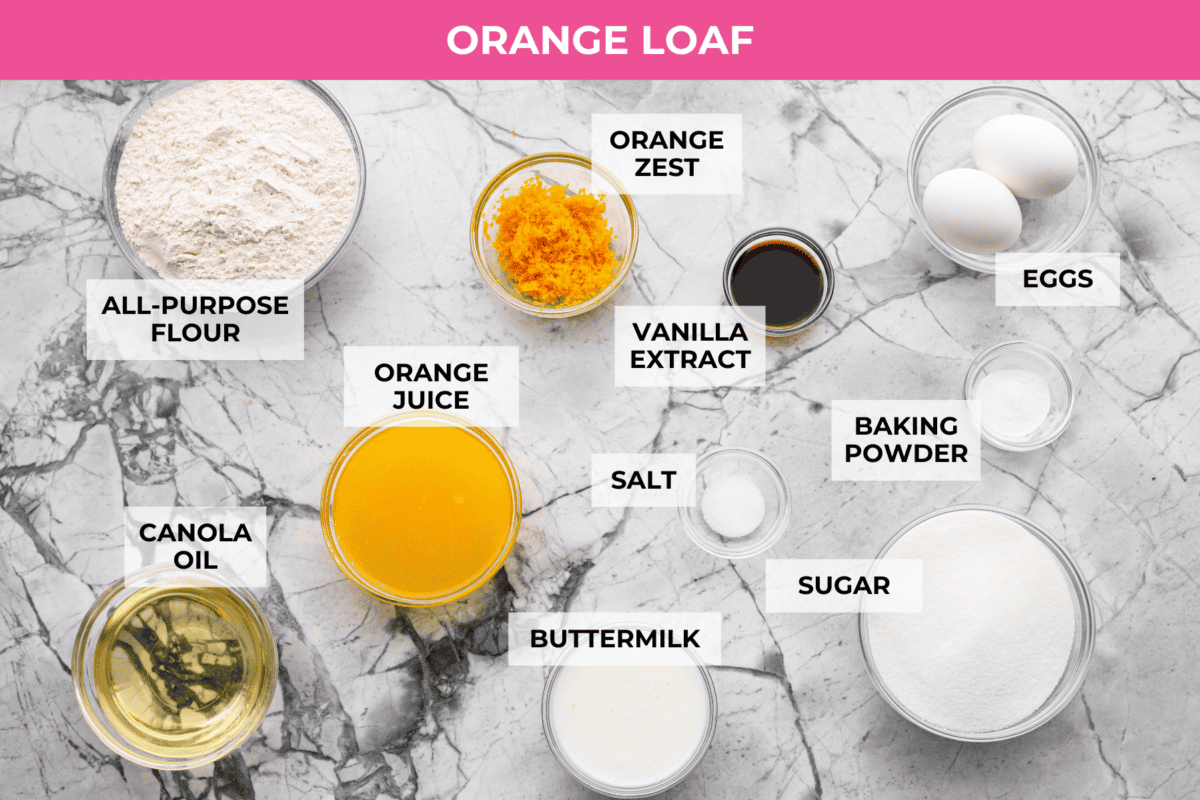 Overhead shot of labeled orange loaf ingredients.
