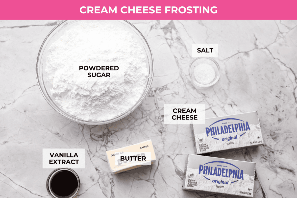 Overhead shot of labeled cream cheese frosting ingredients.