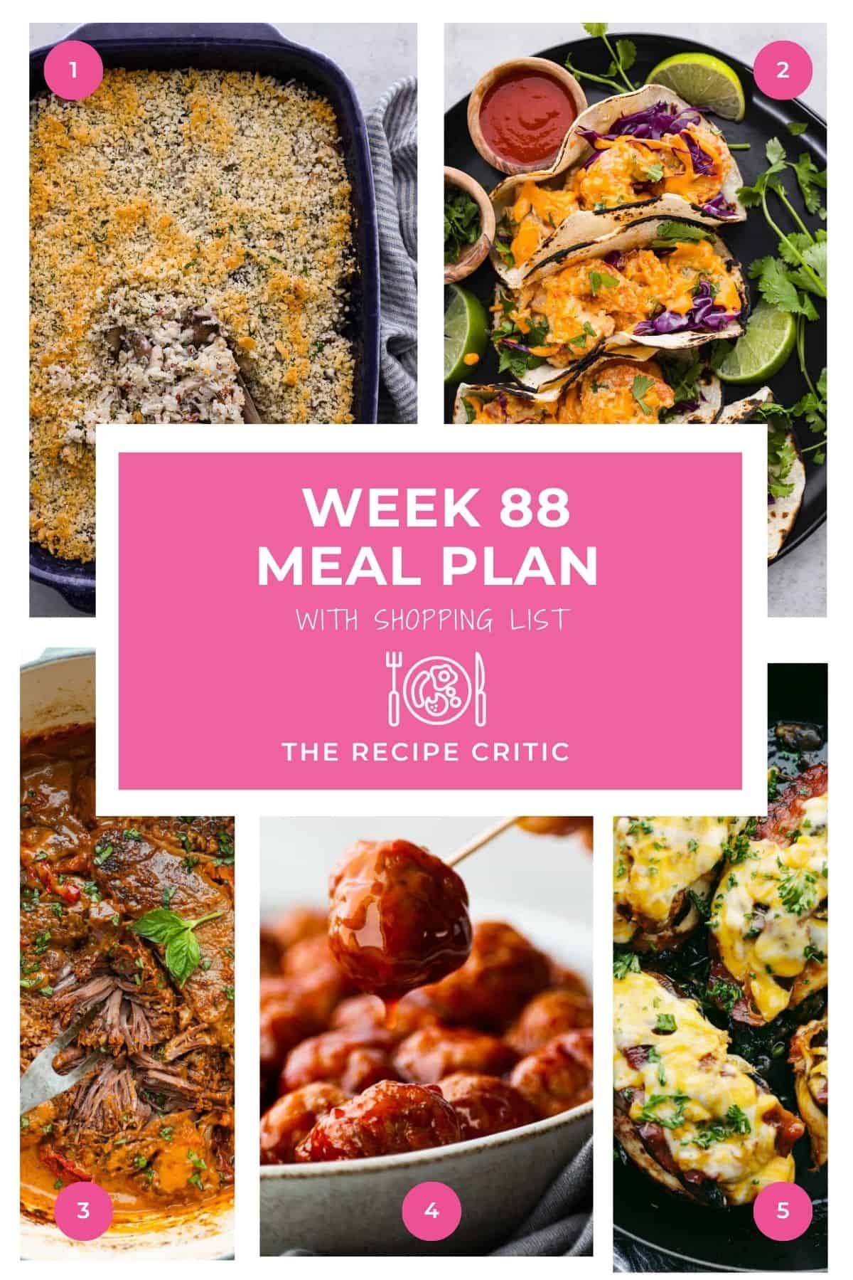 Collage of all of the hero images from the dinners in this weekly meal plan.