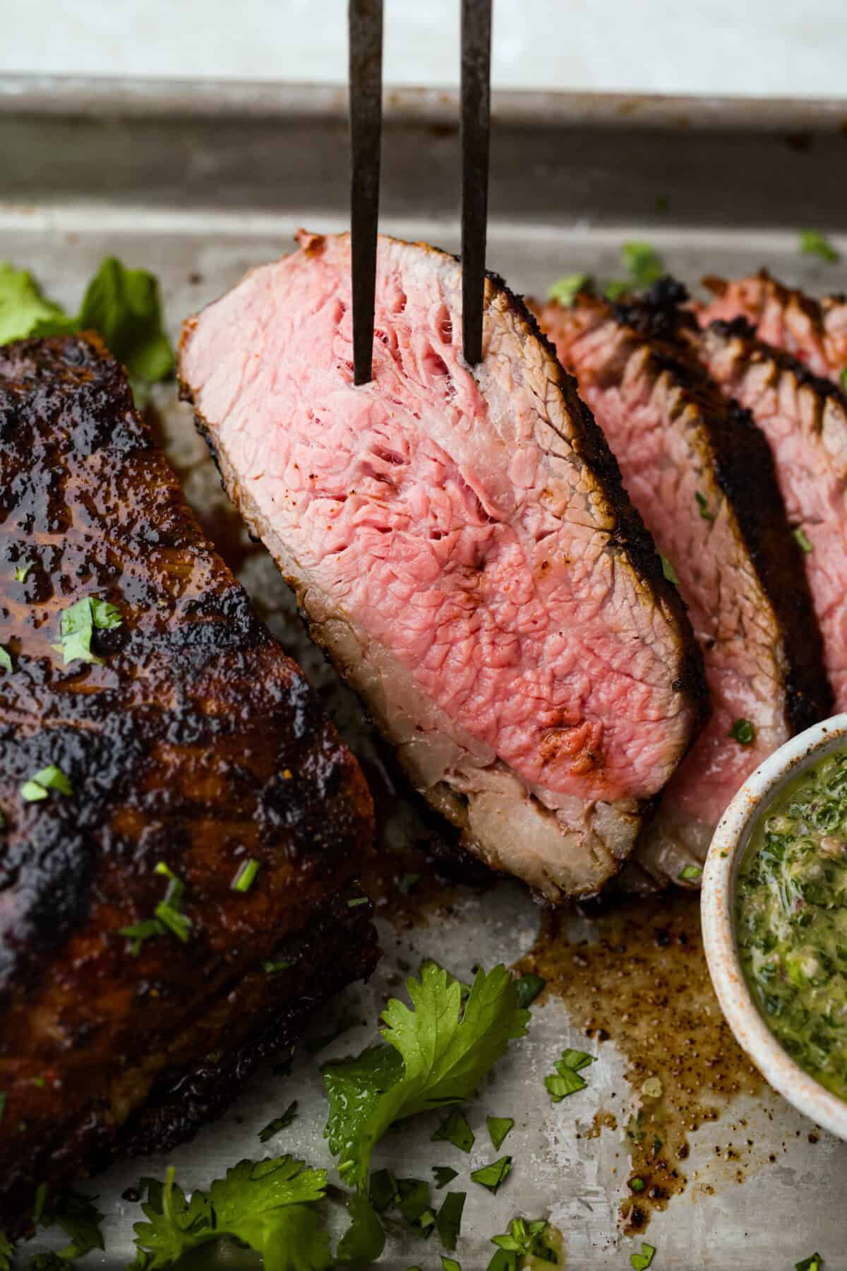 Close up of a slice of Santa Maria Tri-Tip.