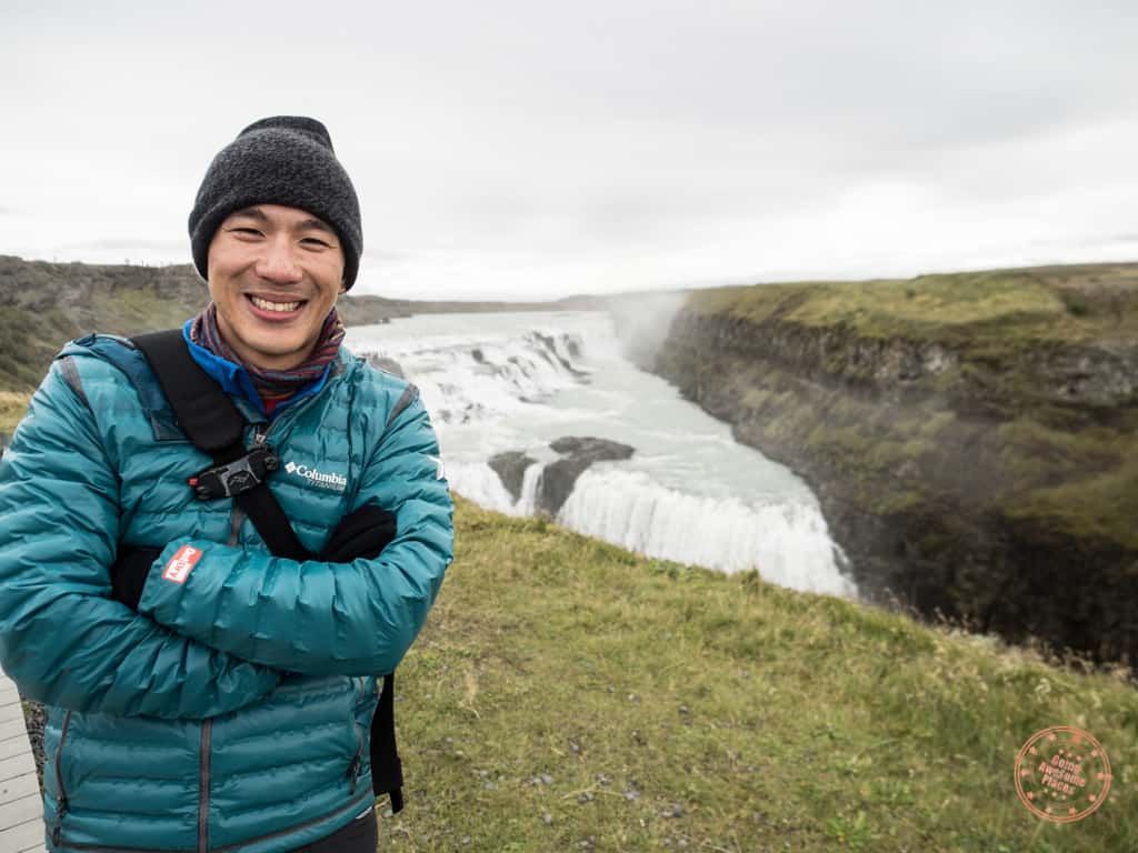 what to wear in iceland in front of gulfoss waterfall