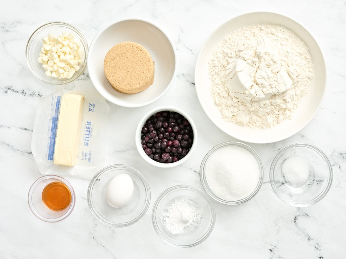 The ingredients to make blueberry cookies.