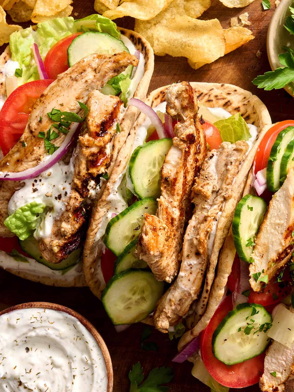 Overhead of chicken shawarma in a pita.