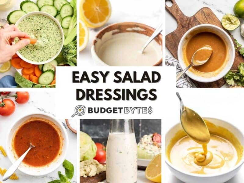 A collage of salad dressings.