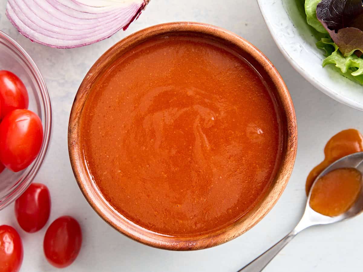 Overhead view of a bowl of French dressing.