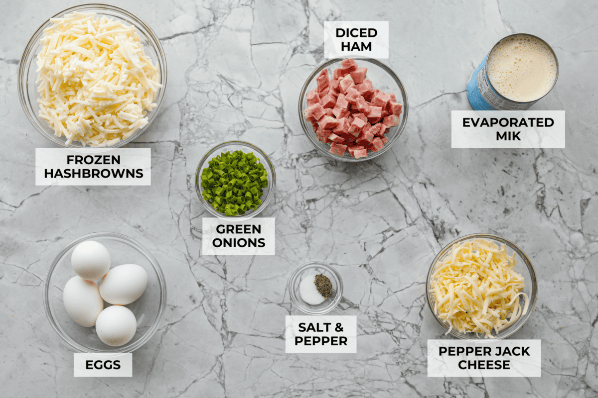 Overhead shot of labeled farmer's casserole ingredients.