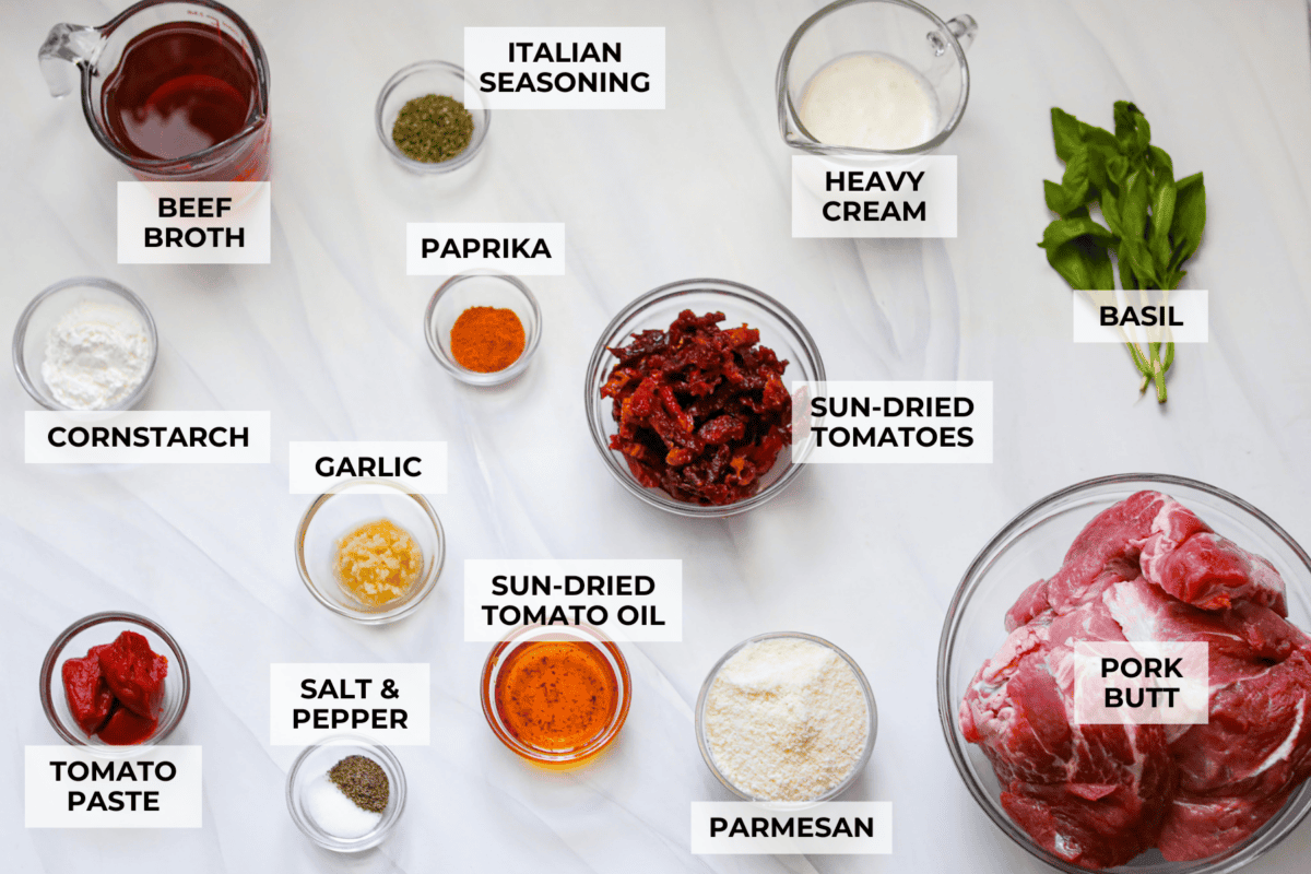 Overhead shot of labeled marry me pork roast ingredients.