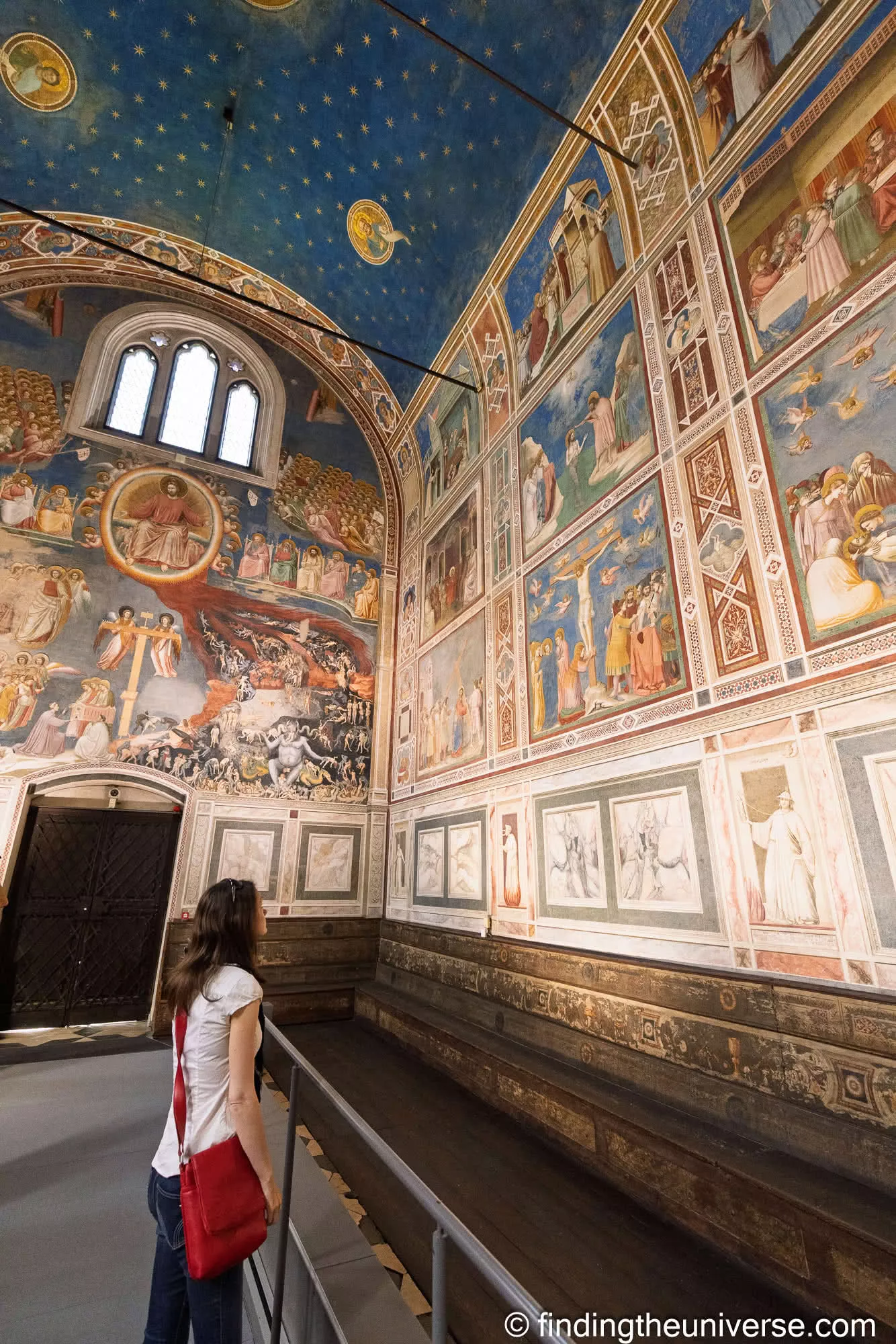 Looking up at Giotto's frescoes inside the Scrovegni Chapel in Padua