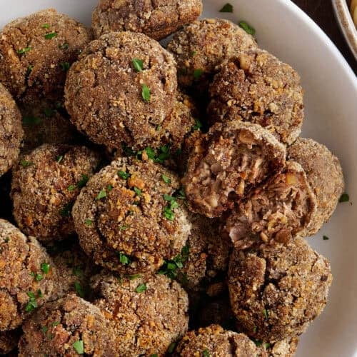 Overhead view of a plate of vegan meatballs.