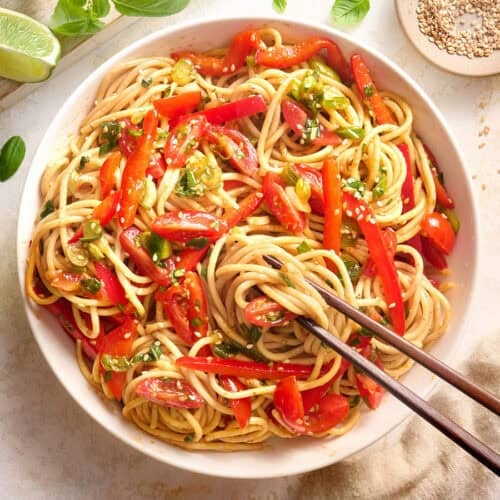 Overhead view of a bowl of cold sesame noodles.