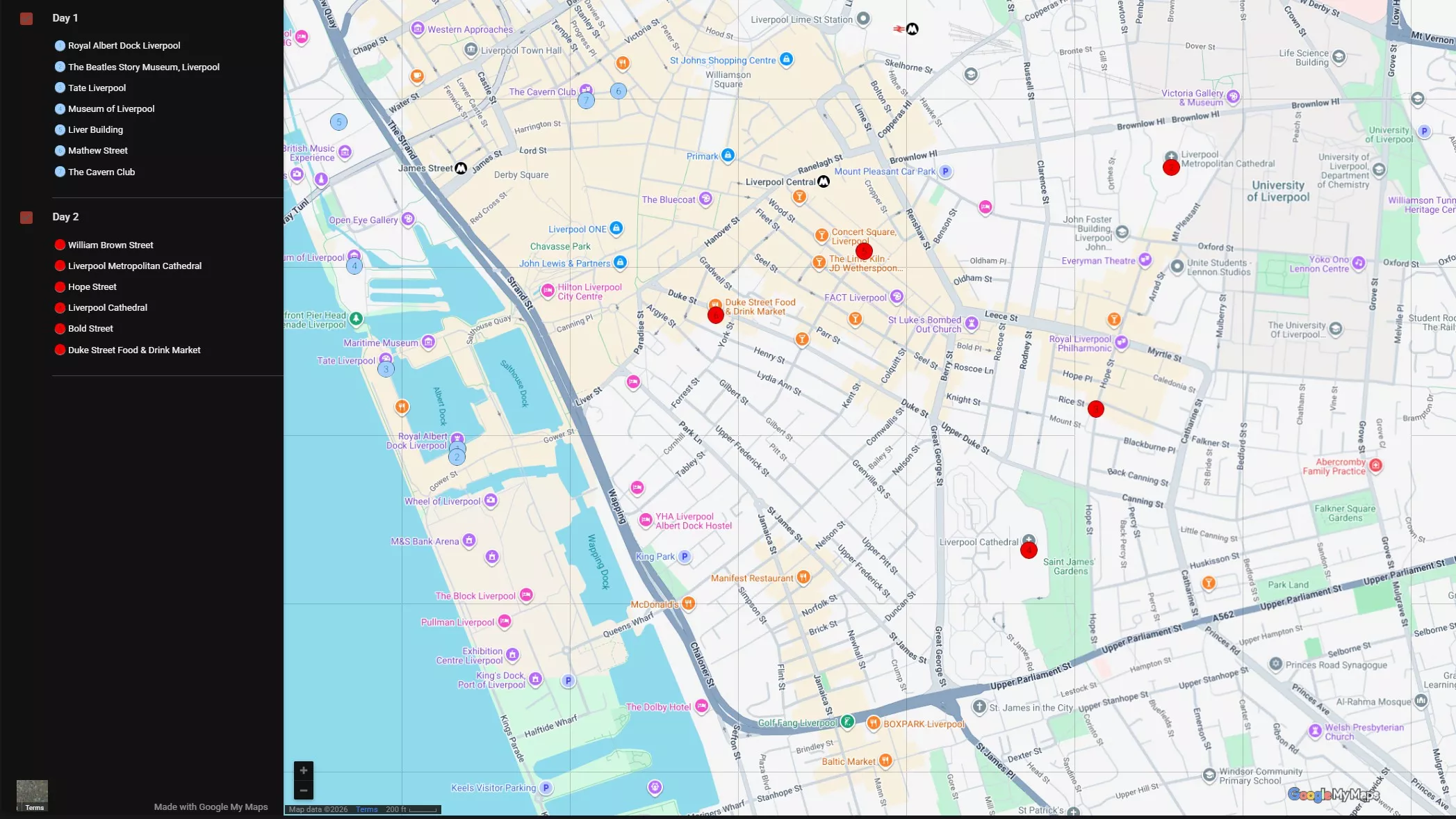 Map of the 2 day Liverpool itinerary, day 1 in one colour and day 2 in another