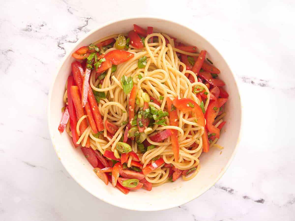 A bowl of finished cold sesame noodles.
