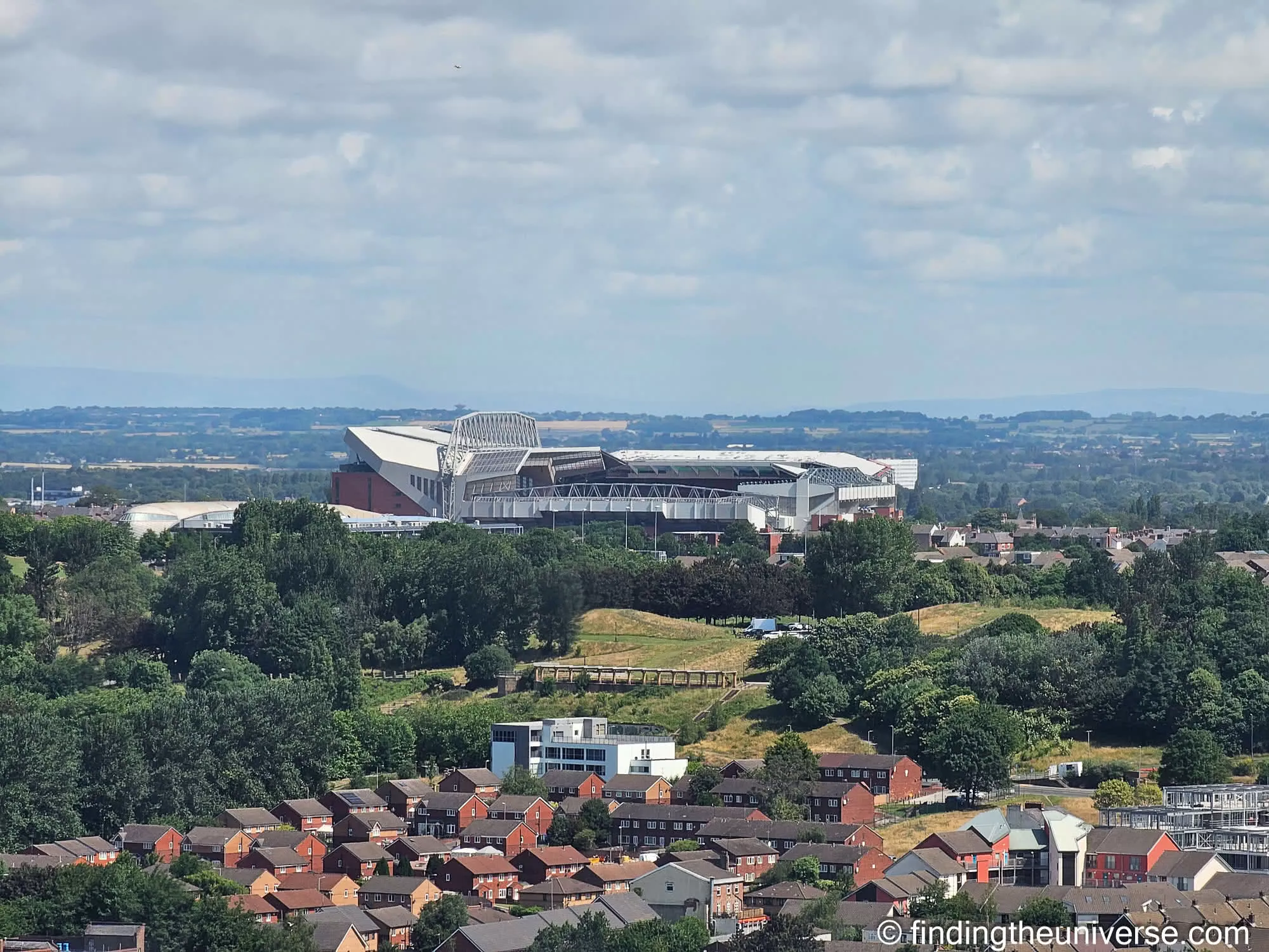 Anfield stadium, home of Liverpool FC, seen across the Liverpool rooftops